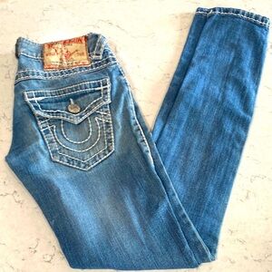 True Religion Blue Straight Leg Jeans with Signature Stitching